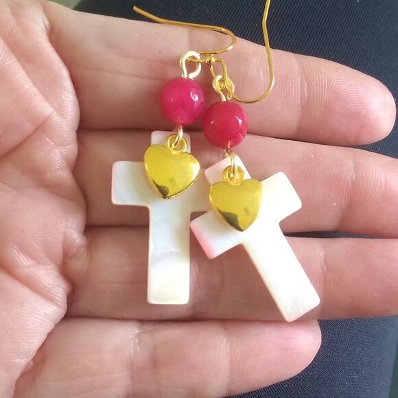 Lightweight MOP Cross Dangle Earrings ~ Pink Agate ~ Embrace Faith with Joy - Picture 3 of 8